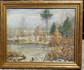Winter Landscape Attributed To TVC Valenkamph
Fine Rockport Gloucester MA Massachusetts Plein Air Impressionist Landscape. Inscription indicate composition depicts the Lily Pond Reservoir in Gloucester, Mass. near Bearskin Neck in Rockport. Inscribed & Titled "T. C. Valencamp Lily Pond West Gloucester". We believe this is by T. V. C. Valenkamph and that his name was misspelled in the period inscription.
IMPORTANT NOTE: Assumedly during or after conservation this work was inscribed on the front Conrad Buff, the Swiss-born California Impressionist. We've never seen Buff associated with Gloucester, there is inpainting about the signature and we are quite certain the extensive Gloucester-related inscription on the stretcher is period so we believe that this is by Valenkamph and not by Buff. You are bidding on a superb early 20th century Impressionist painting attributed to Valenkamph:
AMERICAN SCHOOL, Early 20th Century Attributed to VALENKAMPH, Theodore Victor Carl (Swiss/American, 186
