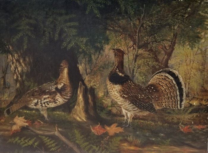 Victorian Animalier Sporting Painting, American or British School, Late 19th Century, Depicting a Pair of Game Birds Such as a Pheasant, Partridge, Grouse or Quail, Possibly a Male Rooster, Cock or Cockbird with a Hen, Set in an Autumn Forest Interior Landscape with a Hunter Carrying a Rifle Wearing a Broad Brimmed Hat on a Fall Hunting Outing in the Distance, Painted in the Manner or School of John James Audubon or Arthur Fitzwilliam Tait.