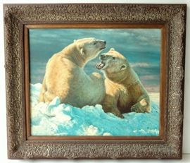 The original Brian Jarvi 1994 Polar Bear painting from which a popular print edition was created.
JARVI, Brian (American, b. 1956): Polar Bears, oil or acrylic mounted on panel, 20" high x 24" wide (28 1/4 x 32 3/8 x 2 3/8 inches framed), signed, hand inscribed with artist's copyright & dated 94 lower left. Ornate bronze gilt frame. NOTE: A 38" x 56" wildlife canvas by Jarvi was once estimated at $75,000-95,000.00 at auction in Montana.
Provenance: Nevada collection of noted photographer and champion archer Jeanne Drake.