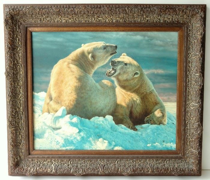 The original Brian Jarvi 1994 Polar Bear painting from which a popular print edition was created.

JARVI, Brian (American, b. 1956): Polar Bears, oil or acrylic mounted on panel, 20" high x 24" wide (28 1/4 x 32 3/8 x 2 3/8 inches framed), signed, hand inscribed with artist's copyright & dated 94 lower left. Ornate bronze gilt frame. NOTE: A 38" x 56" wildlife canvas by Jarvi was once estimated at $75,000-95,000.00 at auction in Montana.

Provenance: Nevada collection of noted photographer and champion archer Jeanne Drake.