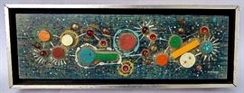 George Marinko Abstract Modernist Atomic MCM Painting Sculpture Wall Art Relief
MARINKO, George J. (American, 1908-1989): Atomic Age Abstract Composition, mixed media oil, wood, metal & glass collage assemblage painting sculpture relief/wood, 3 5/8" high x 11 11/16" wide (4 5/8 x 12 11/16 x 1 1/2 inches framed), signed lower right, artist name label of unknown age verso. Period likely original Mid-Century Modern silvered edge strip molding frame.
Provenance: From a collection of post-War art dispersed north of the Palm Beach, Florida area, 2017.