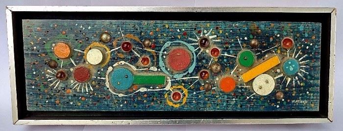 George Marinko Abstract Modernist Atomic MCM Painting Sculpture Wall Art Relief

MARINKO, George J. (American, 1908-1989): Atomic Age Abstract Composition, mixed media oil, wood, metal & glass collage assemblage painting sculpture relief/wood, 3 5/8" high x 11 11/16" wide (4 5/8 x 12 11/16 x 1 1/2 inches framed), signed lower right, artist name label of unknown age verso. Period likely original Mid-Century Modern silvered edge strip molding frame.

Provenance: From a collection of post-War art dispersed north of the Palm Beach, Florida area, 2017. 