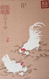 Signed Chinese Republic Rooster Hen Scroll

Variously signed, inscribed and or stamped in black ink and in red on the front and additionally signed or inscribed in ink on scroll label affixed to the backing. Painting comes with modern frame without glass.

30.75 x 19.75 inches, 33.75 x 22.5 inches visible fabric sight dimensions within frame, 37.5 x 26 x 1.5 inches framed.

Provenance:

Private collection of a retired manager of a well known Dupont Circle, Washington, D.C. business whose clients included the National Gallery of Art and the State Dept., name of business and individual withheld by request.