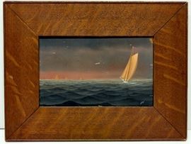 George Nemethy Hudson River Sailing Sloop Painting In Oak Frame To Restore
NEMETHY, George (American, born 1952 in NYC of Hungarian ancestry): Sailboat at Sunset, circa 1980's, 5" x 8 1/4" (9 5/8" x 12 3/4" x 5/8" framed), monogrammed lower right, extensive faint pencil multi-line inscription to top section of back of frame - see detail image. Quarter sawn oak frame. Hudson River Valley artist in the Hudson River School tradition currently represented by the Findlay Gallery, formerly known as Wally Findlay et al.
Provenance: New Jersey sale of estate items.