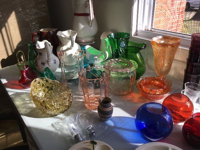 vintage pitchers and colored glassware