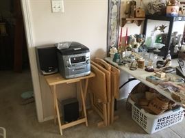 Wooden TV trays, portable stereo