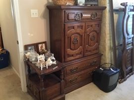 Bedside table, chest on chest, queen bed set with headboard & footboard