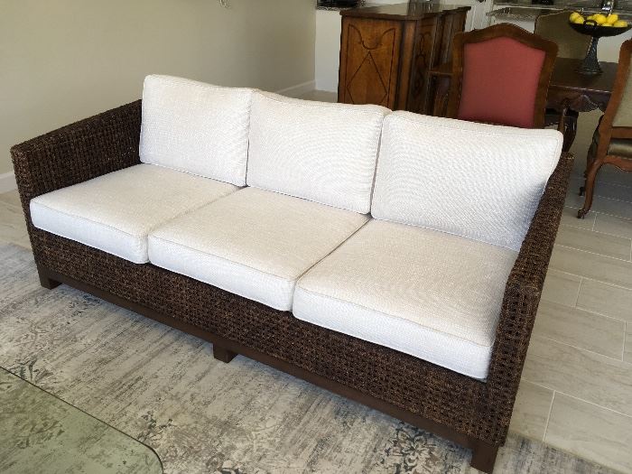 McGuire Rope Sofa. 78x36x 26; brand new white woven upholstery and cushions.  Two sofas available.  Always used inside but can be used outside.