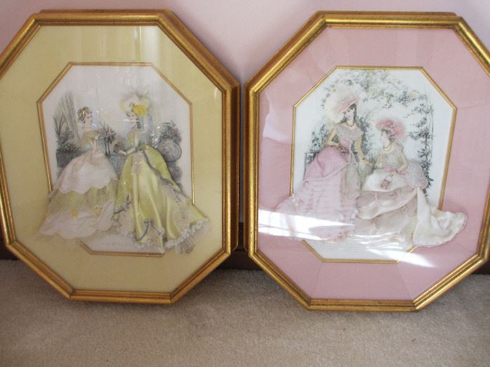 Antique Godey Shadow Boxes.  Embellished with satin and lace with velvet mats.  In perfect condition.