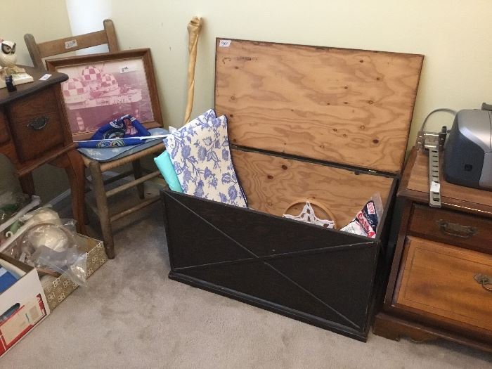 Cedar chest, chair & pictures