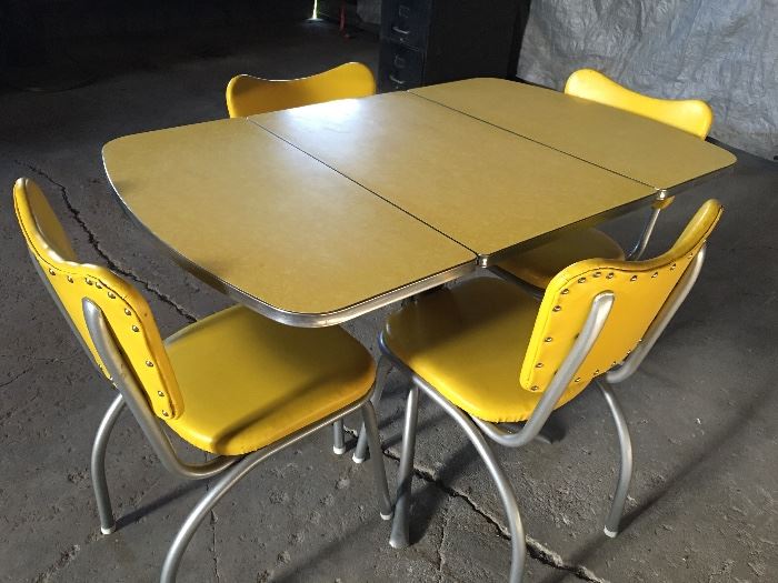 Sweet Bright Yellow Formica Set, newly reupholstered & freshly powder coated legs. Beyond cool! 
