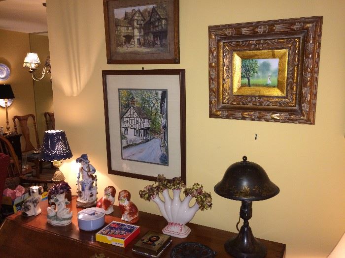 Antique Greist lamp (New Haven, CT); many fine framed prints and some original artwork.