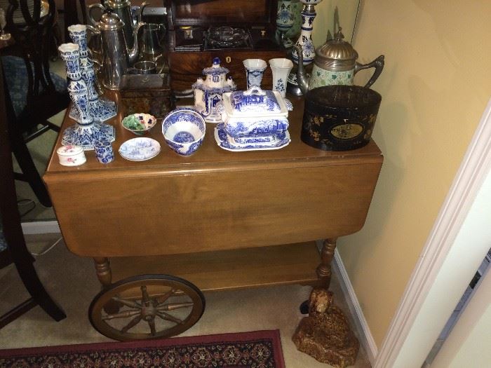 Tea cart; lot of unusual tea-related items; huge selection of porcelain and other pottery, including lots of Delft.