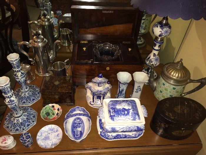 19th-century English tea caddy (back row center); antique enamelware teapot; second antique tea caddy (lower righthand corner).  Many rare and interesting tea-related items at this sale.