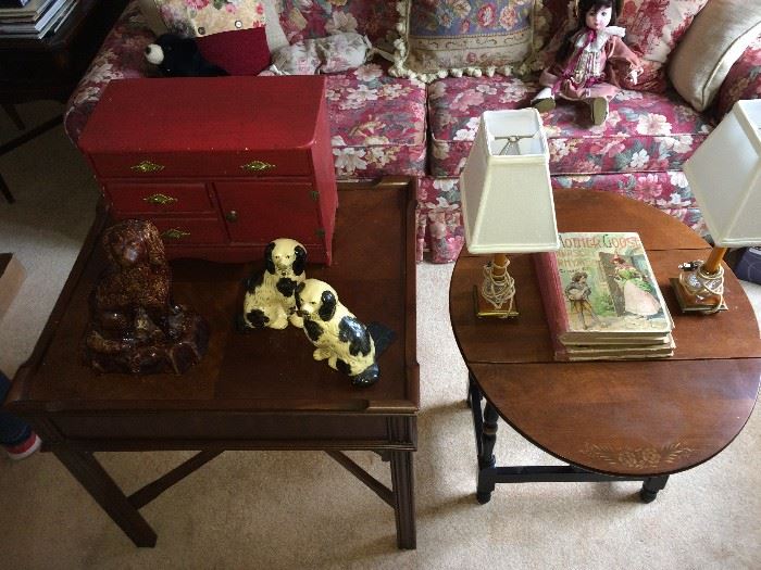 Antique Bennington Rockingham dog; antique children's chest; bakelite lamps; antique children's books.