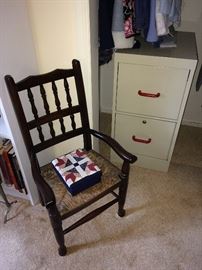 Rush set child's chair; small filing cabinet.