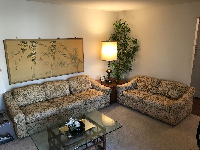 Selig of Monroe vintage Couch, Loveseat, and a matching glass top table. All in excellent condition, except the back right leg of loveseat needs some work. Fabric free of damage or wear!