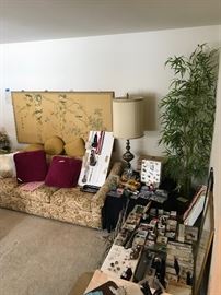 Jewelry! 72”x34” Asian hand painted wall panels! Lamp, artificial bamboo tree!