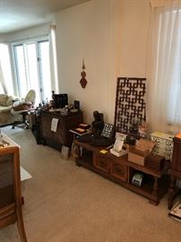 Old coffee table, wood mask carvings, homie collectibles, beanie babies in cases, bust, Jewelry box.