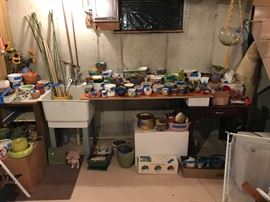 Lots of plant and garden items. Materials include brass, copper, glass, ceramic, pottery. There are also ceramic toad stools and other garden decorations!