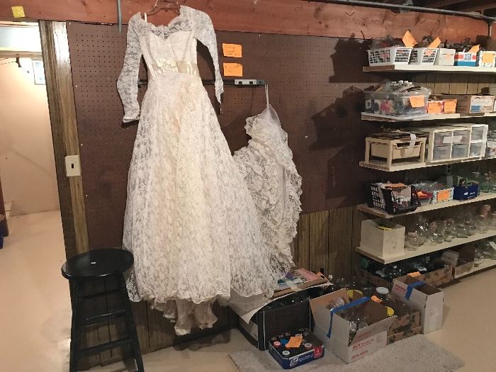 Vintage wedding gown. Canning items.
Crafting items.