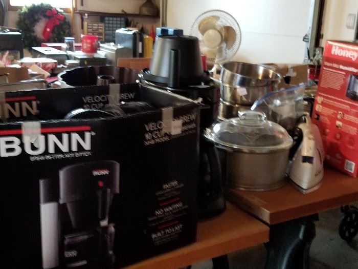 coffee brewers, armour guard pots and roasters, irons, fan, misc