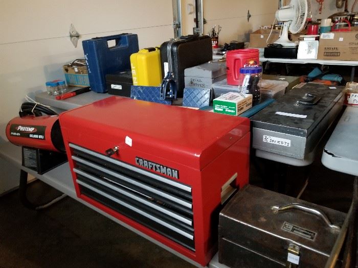 craftsman tool chest, 60,000 btu heater, toolboxes, misc tools