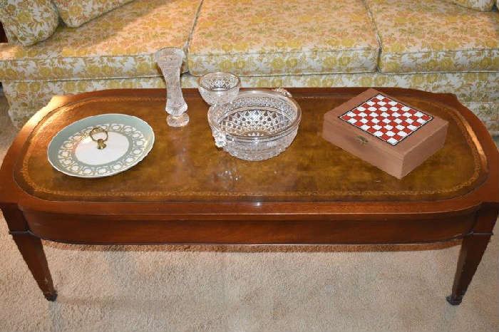 Leather Top Table, BD Silver Trimmed Bowls, Vase, Checker Game Advertising Items