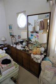 4 piece bedroom set (Mid Century of course) which includes this detailed glass top dresser with mirror, king bed, 2 end tables in mint condition