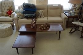 Amazing Mid Century Danish style swivel coffee table.  The smaller table swivels in and tucks under the larger when not used!  Beautiful inlaid wood, keyed in.