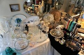 Serving pieces, silver plate and glass