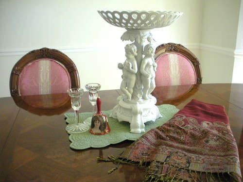 Porcelain china 3 figurine compote, Waterford Crystal candle sticks.