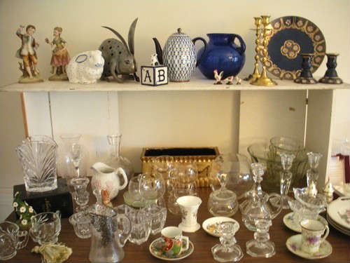 Vintage and contemporary crystal glassware, porcelain china, brass and pottery.
