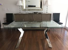 Tempered Glass Table with Polished Stainless Base: 63 x 36 x 30 AND 16" Extending Leaves