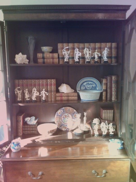 Gorgeous Baker Secretary...Antique Books...Repaired Blue and White Canton Chestnut Bowl with Underplate...and some very well molded Japanese plastic 