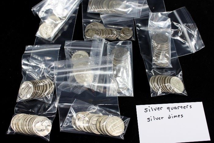 Coins Silver quarters and dimes