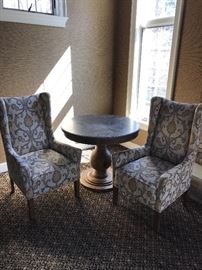 Arhaus 36” Luca Table. Arhaus  2 Halstead custom upholstered chairs