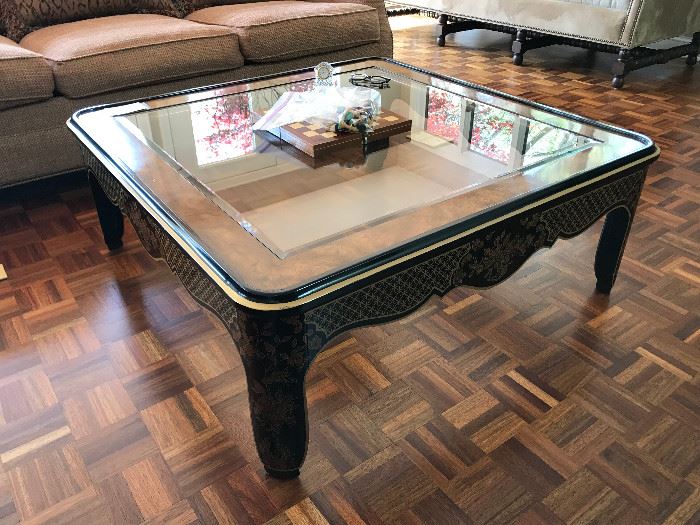 Oriental style glass topped square coffee table 