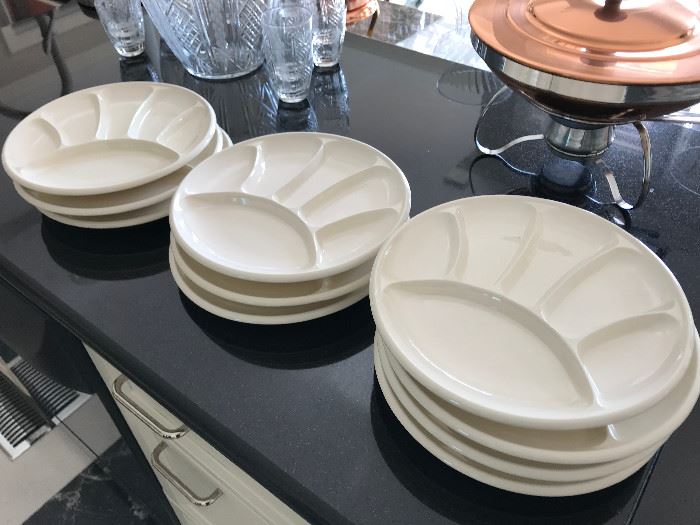 10 heavy buffet plates , copper chafing dish 