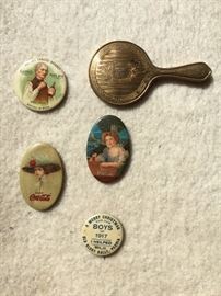 Pocket Mirrors:  Original 1905 Coca Cola pocket mirrors (not 1970's remakes),  Clark's Pure Rye - Peoria's Famous Whiskey, and Commercial German National Bank purse mirror;  World War 1 pin in support of the troops in the service; 