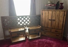 King bedroom suite includes headboard and rails, 2 nightstands, armoire, and dresser