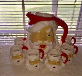 Handmade ceramic Santa pitcher and mugs