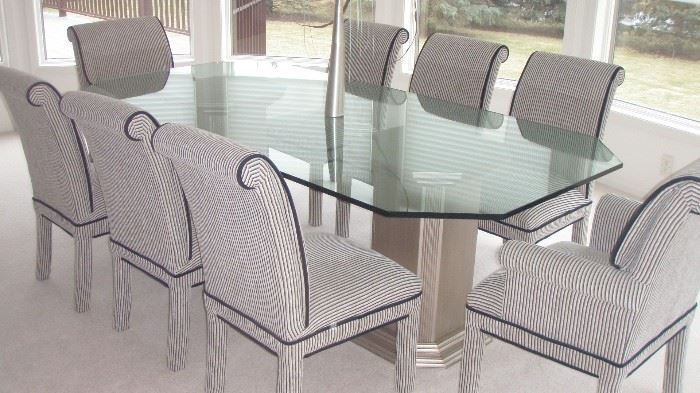 Fabulous Dining Table with 8 Black & White Stripe Custom Upholstered Chairs