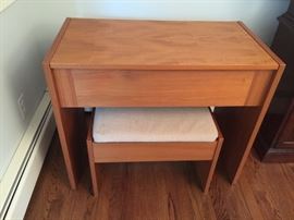 7.Mid-Century Teak Dressing Table w/ Mirrored Flip top (34"x 18"x 29") and Upholstered Bench (23"x 14"x 17")
