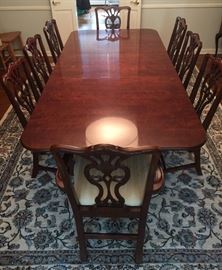 13. Henredon Mahogany 2 Pedestal Dining Table w/ Three  22" Leaves (74"x 45"x 30")                                            14. 8 Henredon Dining Chairs w/ Cream Upholstery                                                        2 Arm Chairs (27"x 20"x 39") 6 Side Chairs (21"x 18"x 40")