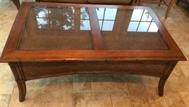 27. Raymour & Flannigan Rattan and Bamboo Coffee Table w/ Glass Top Insets (50"x 30"x 20")