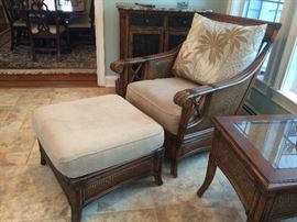 24. Raymour & Flannigan Rattan and Bamboo Side Chair (33"x 38"x 41")                                                                         23. Pair of Raymour & Flannigan Rattan and Bamboo Ottomans (26"x 25"x 18")