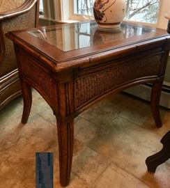 26. Raymour & Flannigan Rattan and Bamboo Side Table w/ Glass Top Inset  (22"x 28"x 24")