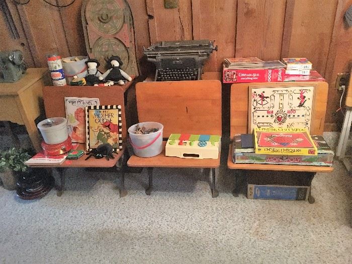 vintage school desks, vintage games and antique Underwood typewriter
