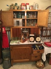 Hoosier style cabinet, Ball jars, vintage scales